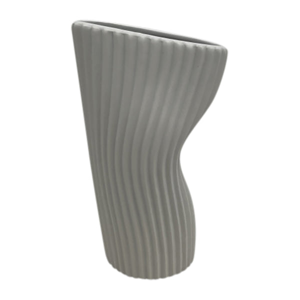 9" Curved Ribbed Vase, White