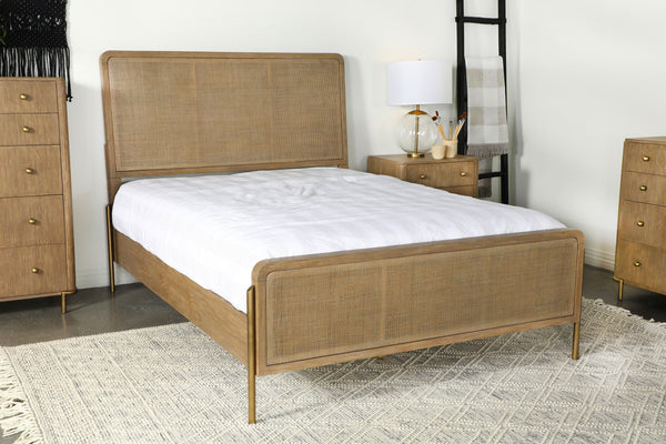 Arini Upholstered Eastern King Panel Bed Sand Wash and Natural Cane