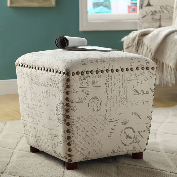 Lucy Upholstered Ottoman with Nailhead Trim Off White and Grey