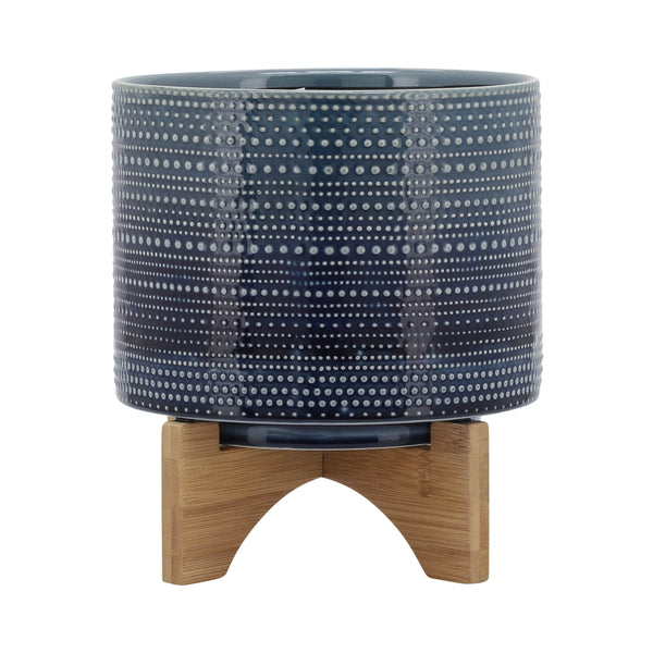 8" Dotted Planter W/ Wood Stand, Blue