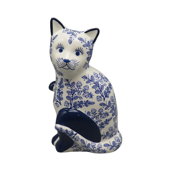 Cer, 8" Sitting Chinoiserie Cat, Blue/white