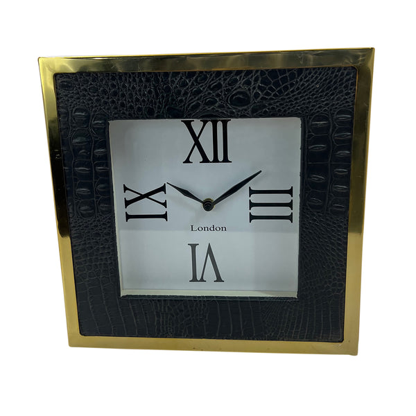 10" Faux Leather Croc Square Clock, Black/gold