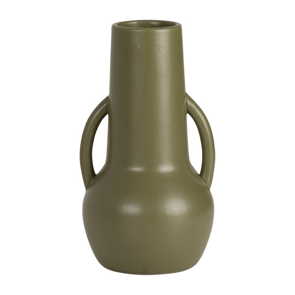 Cer,8",vase W/handles,olive