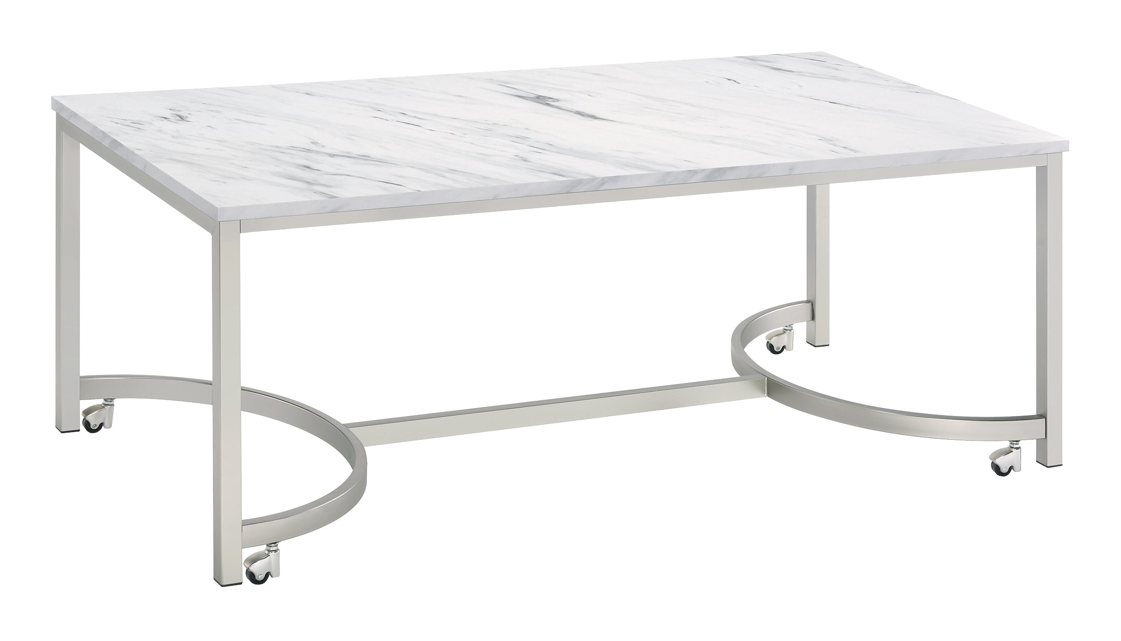 Leona Coffee Table with Casters White and Satin Nickel