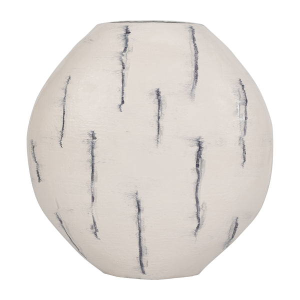 Metal, 33" Enameled Round Vase, Distressed White
