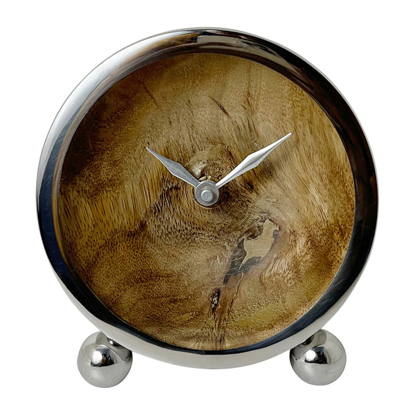 Metal, 5" Round Wood Face Table Clock, Silver