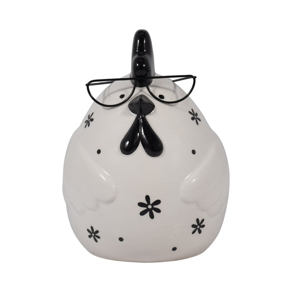 Cer, 7" Chubby Rooster With Glasses, Black/white