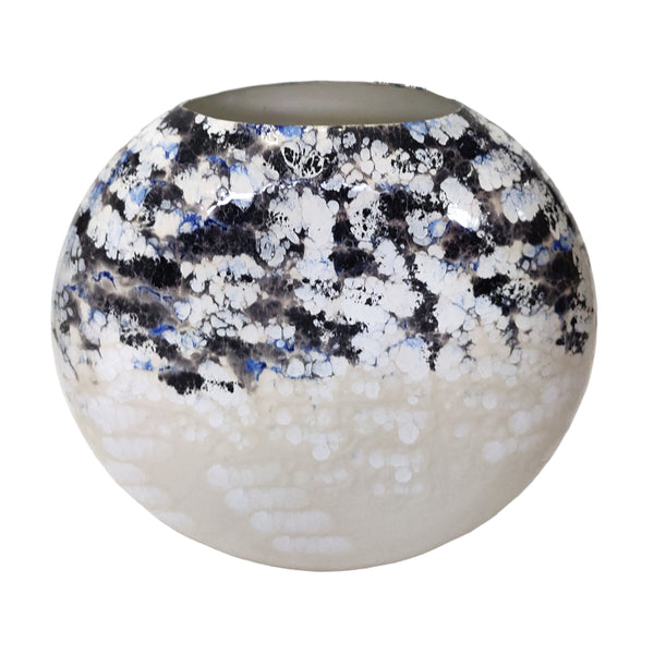 16" Round Metal Vase Arctic Finish, White/blue