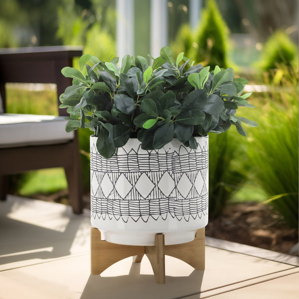 Ceramic 10" Aztec Planter On Wooden Stand, Gray