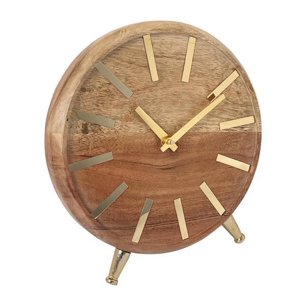 Wood 9'' Gold Table Clock, Brown