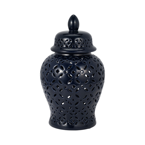 17" Cut-out Daisies Temple Jar, Navy Blue