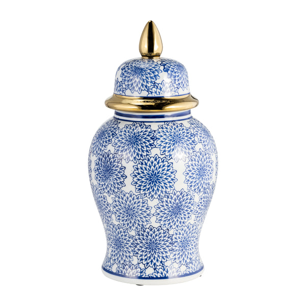 14" Temple Jar W/dalhia Flower,blue & White