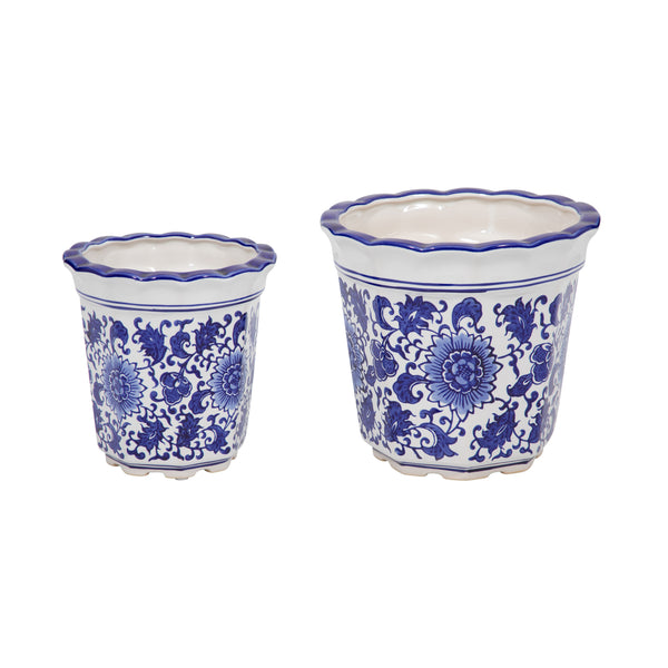 Cer, S/2 6/8" Chinoiserie Pot Planters, Blue/wht