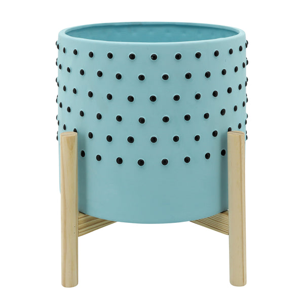 10" Dotted Planter W/ Wood Stand, Blue