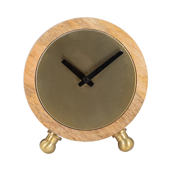 Wood, 7" Round Gold Face Table Clock