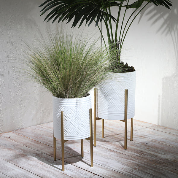 S/2 Aztec Planter On Metal Stand, White/gold