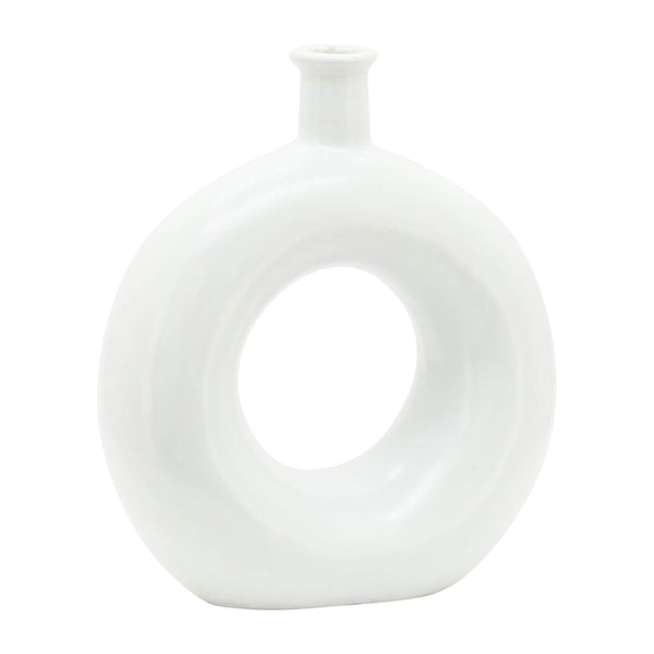Cer, 8"h Round Cut-out Vase, White