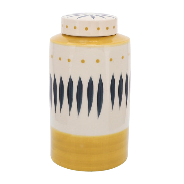 Cer, 10"h Tribal Jar W/ Lid, Yellow