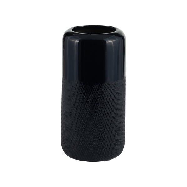 Cer, 10"h Grooved Vase, Navy Blue