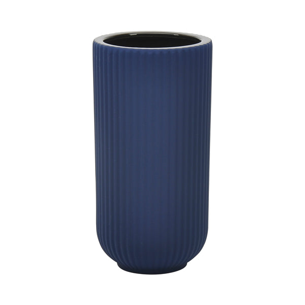 Cer, 9"h Ridged Vase, Navy