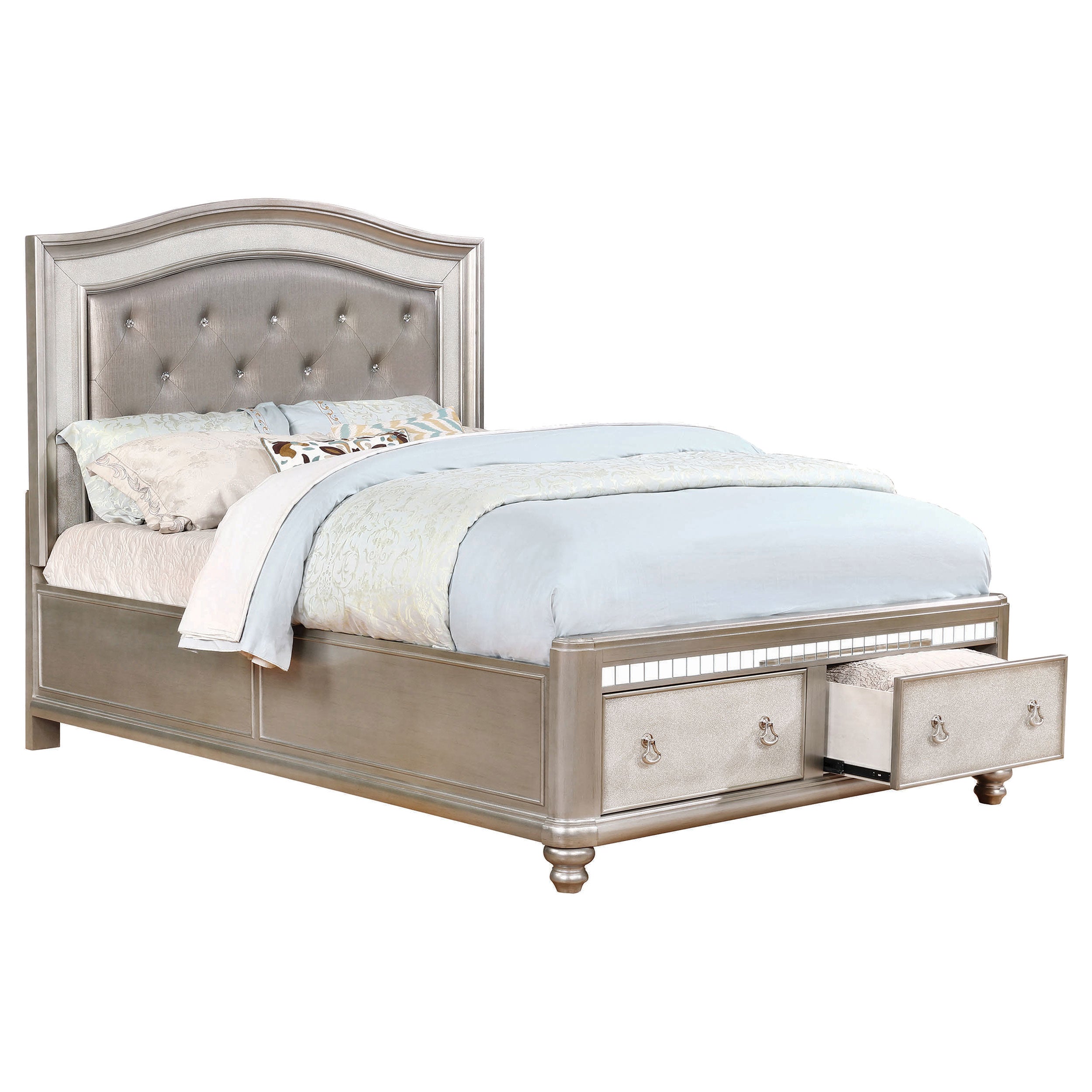 Bling Game Upholstered Storage Eastern King Bed Metallic Platinum