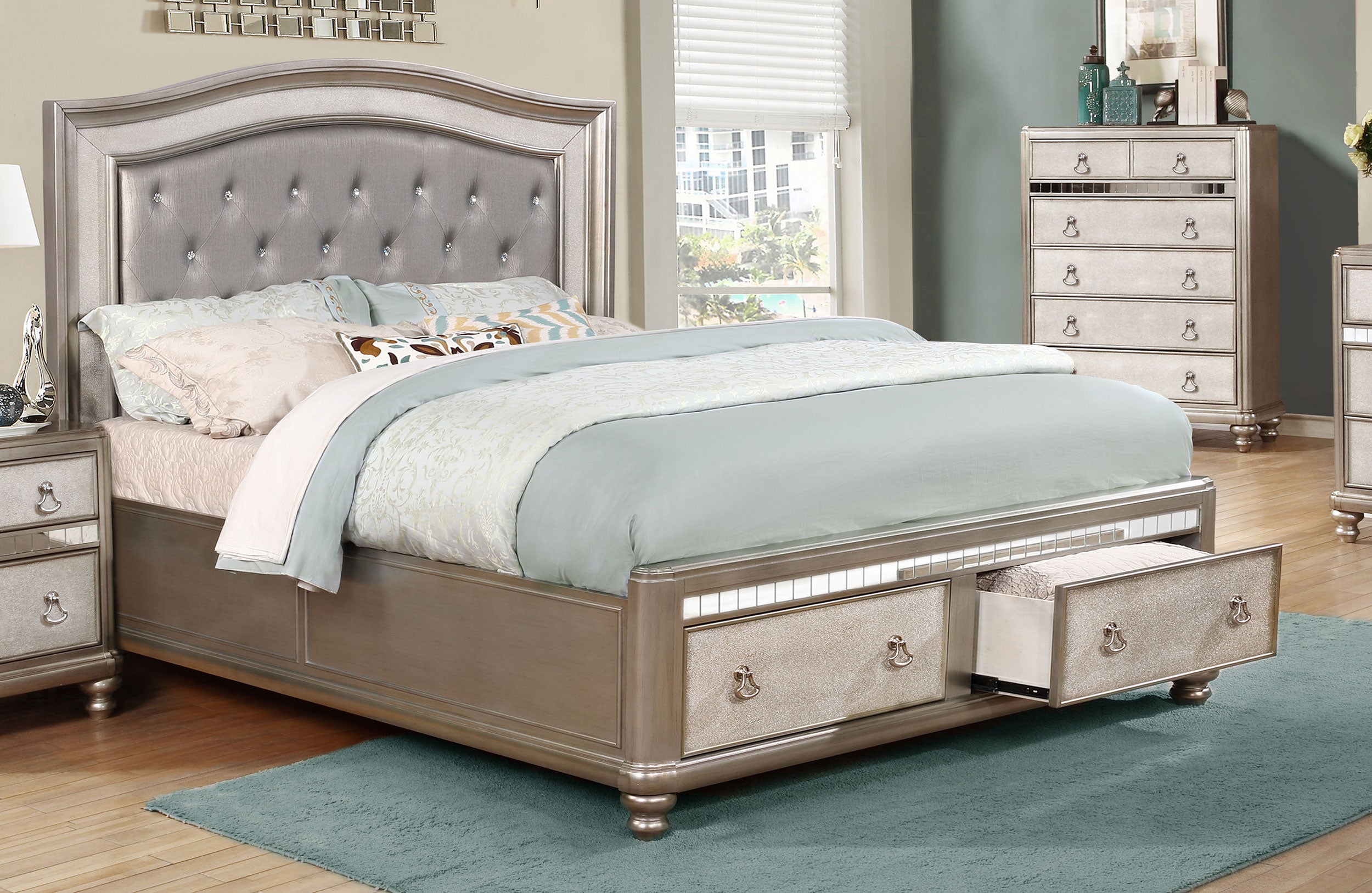 Bling Game Upholstered Storage Queen Bed Metallic Platinum