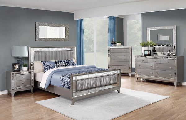 Leighton Eastern King Panel Bed with Mirrored Accents  Mercury Metallic