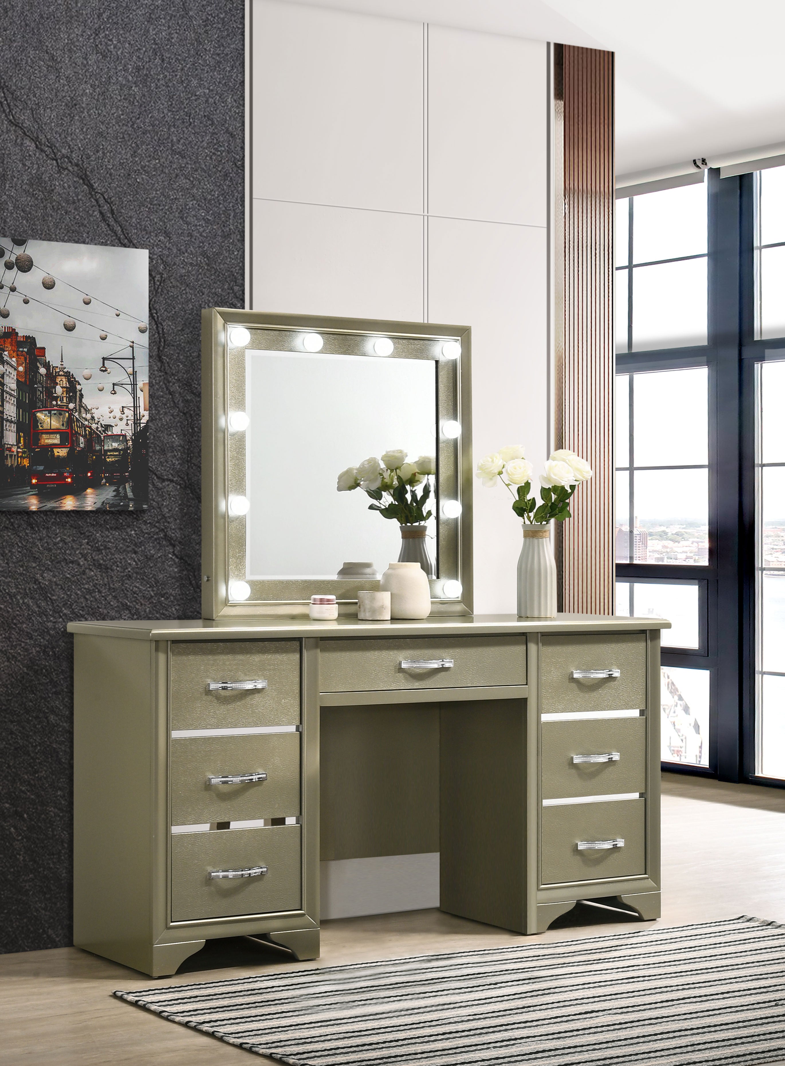 Beaumont 7-drawer Vanity Desk with Lighting Mirror Champagne