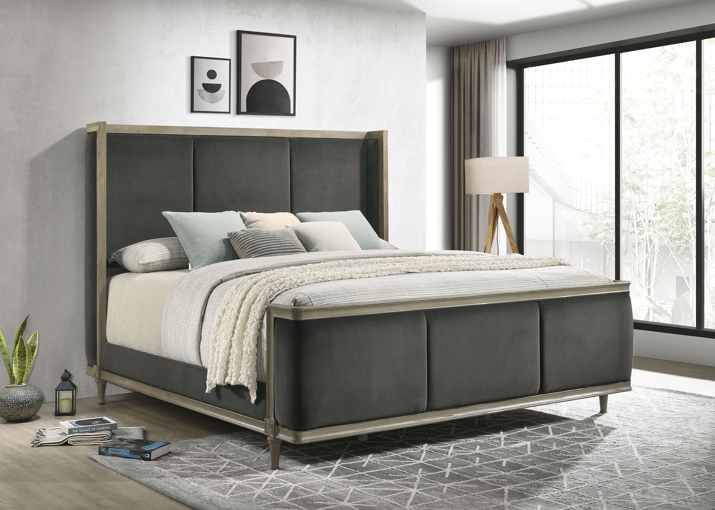 Alderwood Queen Upholstered Panel Bed Charcoal Grey