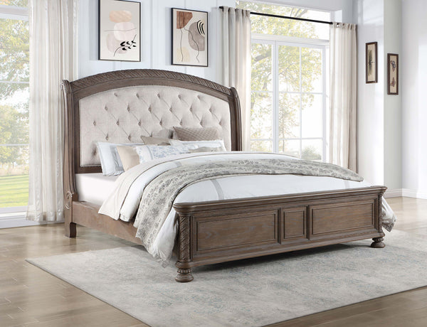 Emmett Tufted Headboard California King Panel Bed Walnut and Beige