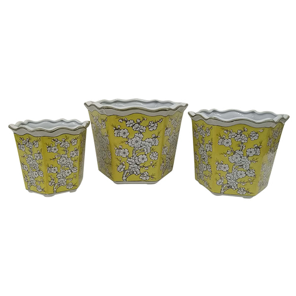 S/3 8/10/12" Chinoiserie Floral Planters, Yellow/w