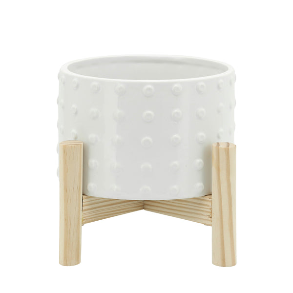 6" Ceramic Dotted Planter W/ Wood Stand, White