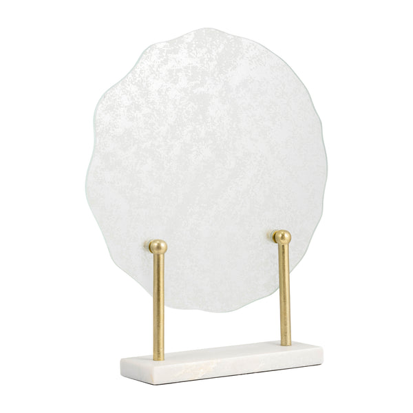 Metal,21"h,speckled Glass Disc On Marble Stand,whi