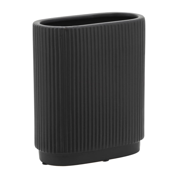 Cer, 8"h Ridged Vase, Black