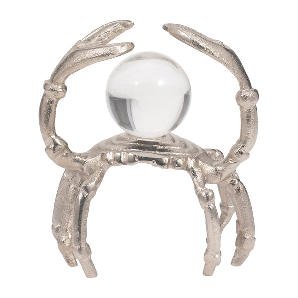 Metal, 7" Dancing Crab W/ Acrylic Ball, Silver