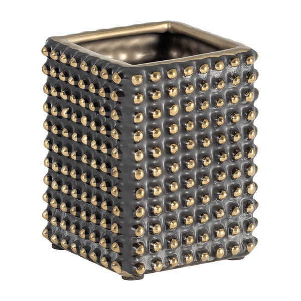 Cer, 4"h Spikey Pen Holder, Black/gold