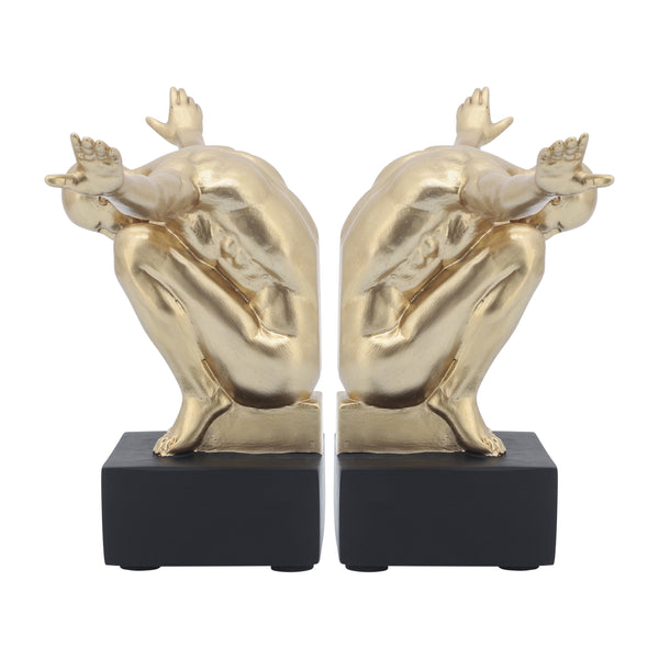 Resin, S/2, 6''h,  Man Sculpture Bookend, Gold