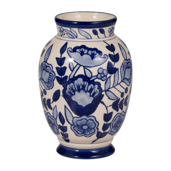 Ceramic, 9" Flowers Talavera Vase, Blue/white