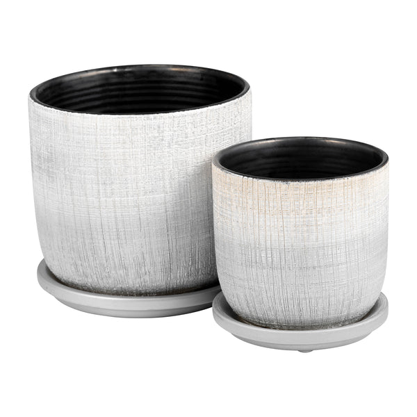 S/2 5/6" Textured Planter With Saucer, Silver