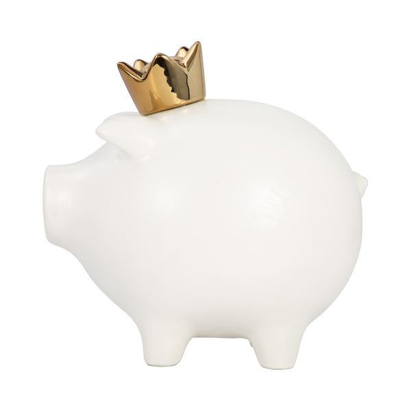 Cer, 8" Pig With Crown, White