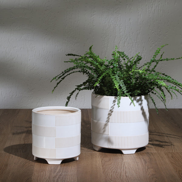 Cer, S/2 6/8" Textured Footed Planters, Beige