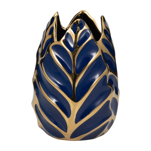 Ceramic 8" Leaf Vase, Navy/gold