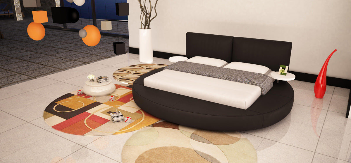 Queen Atlas Modern Black Leather Round Bed