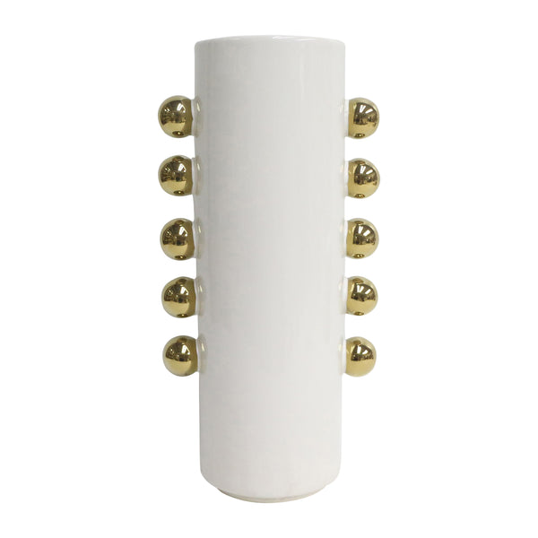 Cer, 16" Vase W/ Side Knobs, White/gold