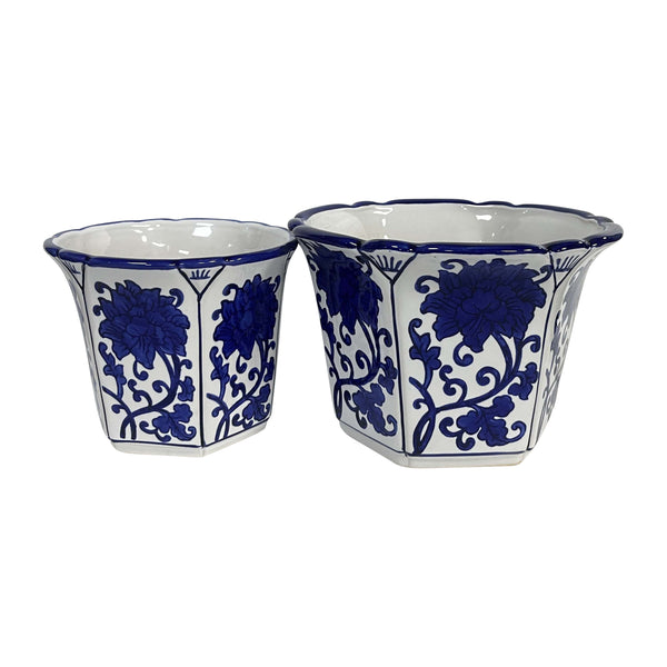 Cer, S/2 6/8" Fluted Chinoiserie Planters,blue/wht