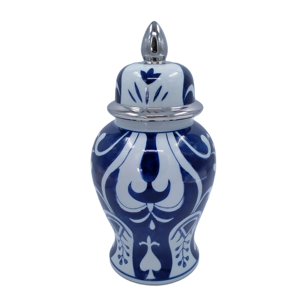 Ec Cer,14" White/blue Temple Jar, Silver