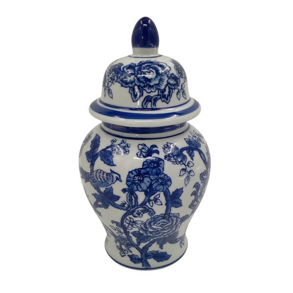 Cer, 10" Temple Jar Bird/flower, Blue