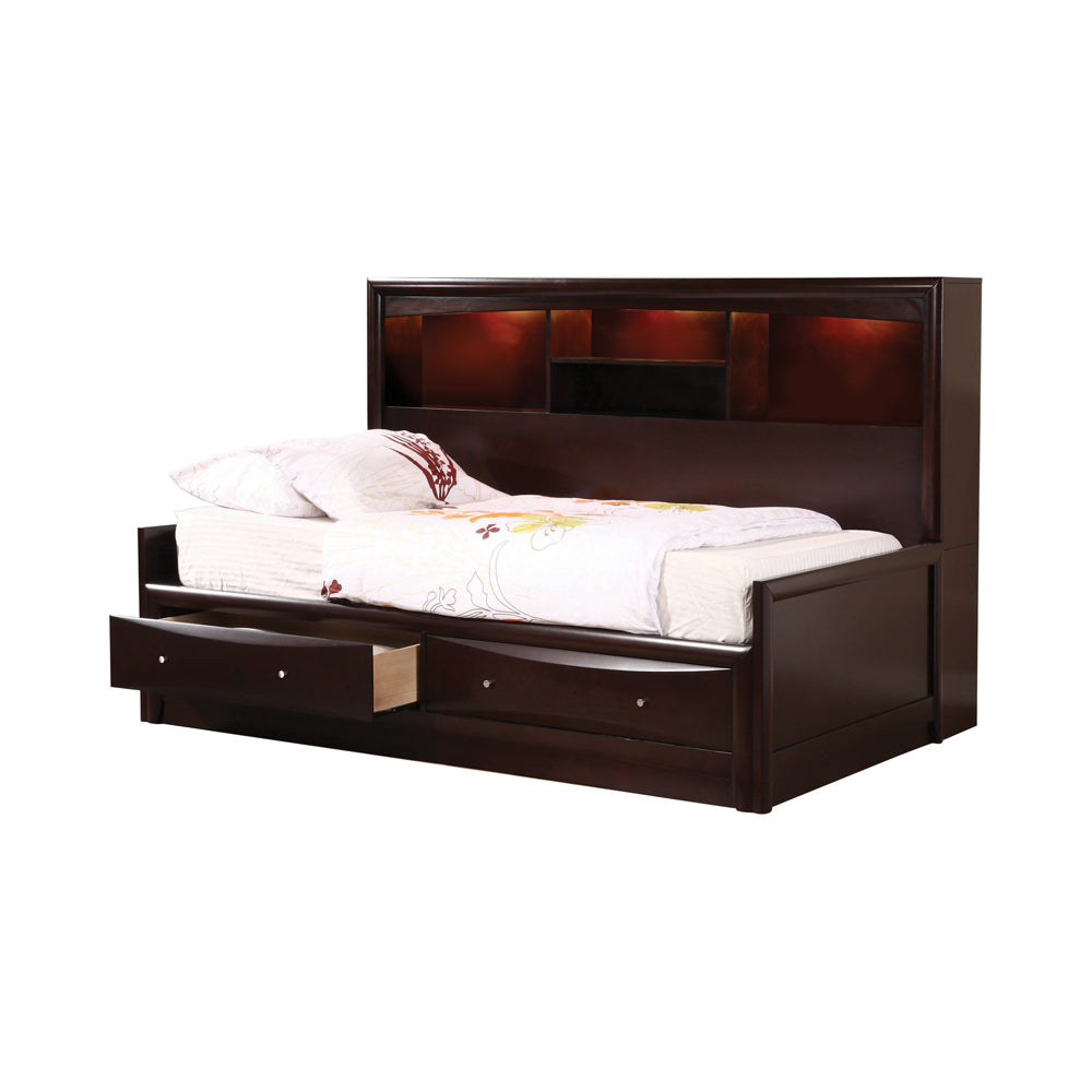 Phoenix Twin Daybed with Bookcase and Storage Drawers Cappuccino