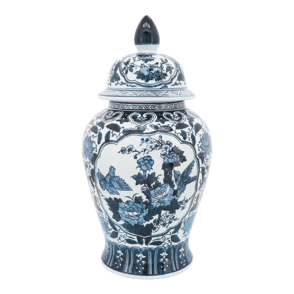 Cer, 18"h Flowers Temple Jar, Blue