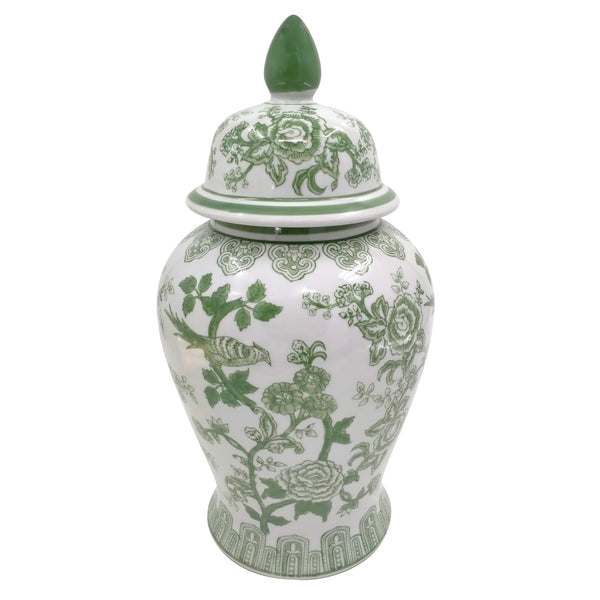 Cer, 18" Temple Jar Bird/flower, Green